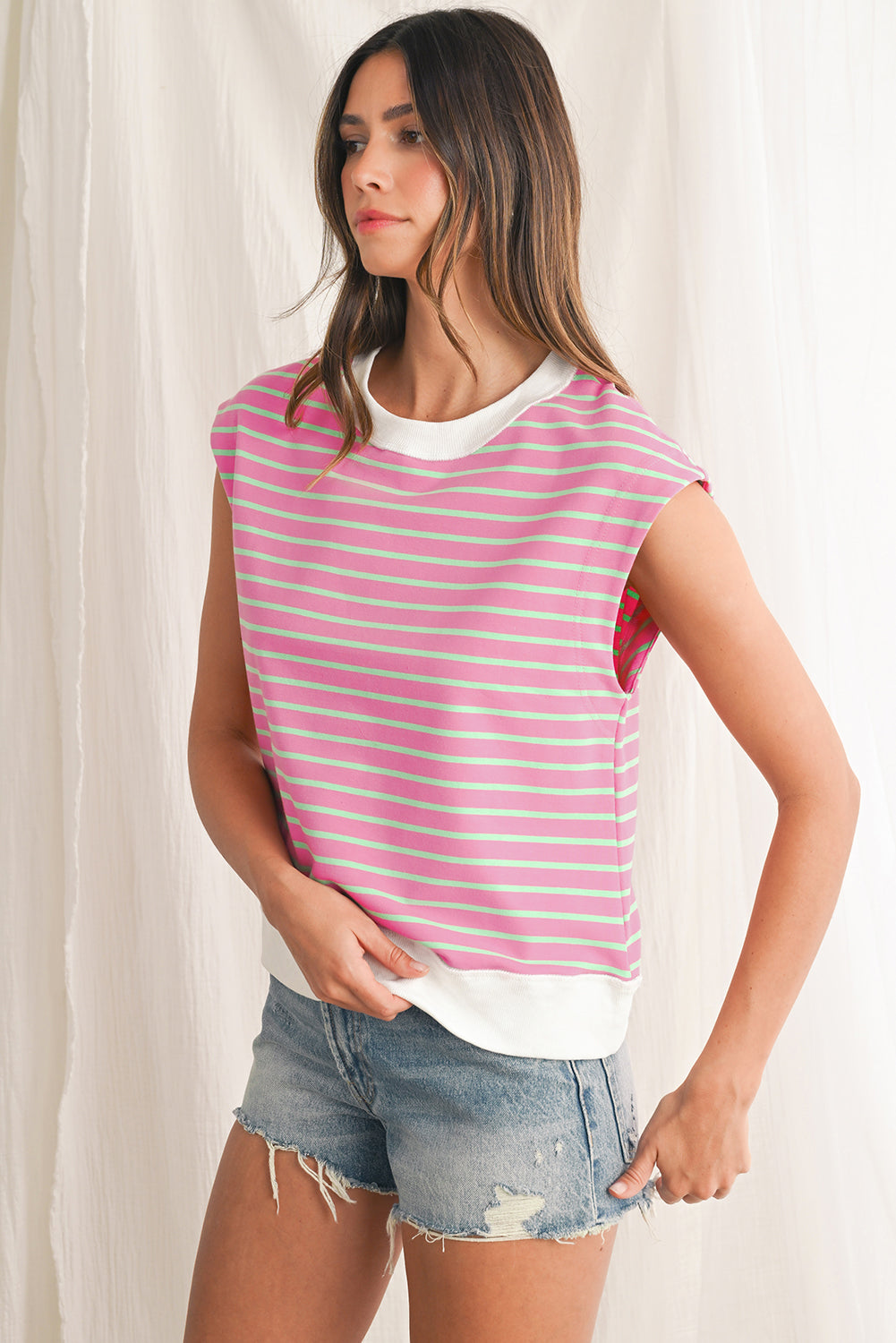 Sachet Pink Striped Contrast Trim Top