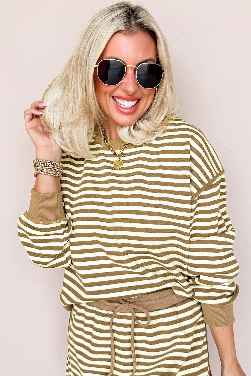 Black Stripe Textured Drop Shoulder Pullover Top Drawstring Mini Skort Two Piece Dress Set