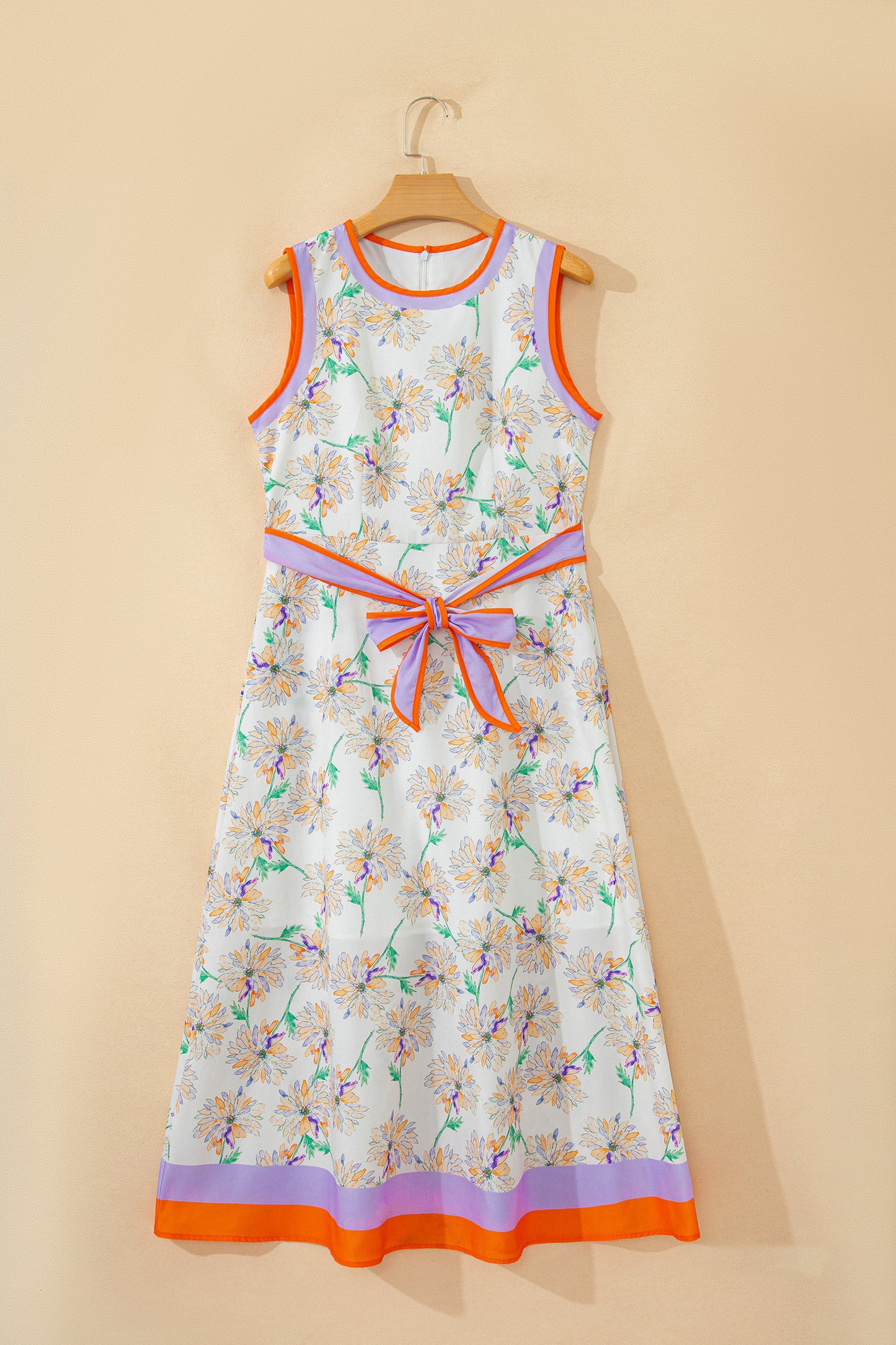 White Floral Print Color Block Trim Belted Sleeveless Maxi Dress