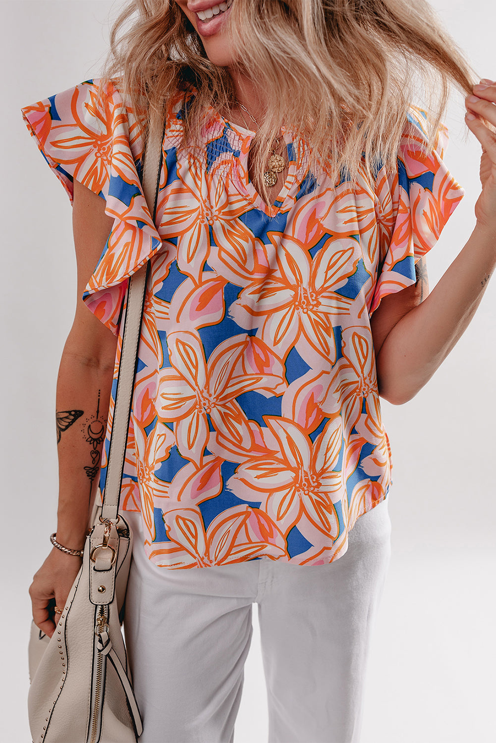 Orange Summer Flower Print Notched Neck Ruffle Sleeve Blouse