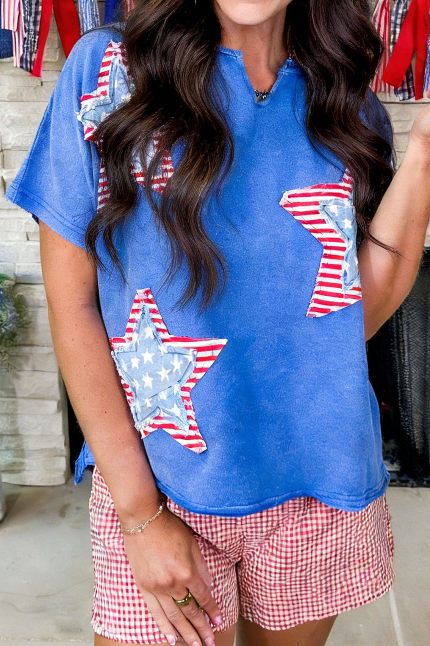 White Patriot Star Patched Notched Neck Mineral Washed Tee