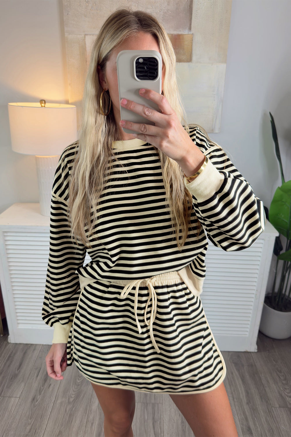 Black Stripe Textured Drop Shoulder Pullover Top Drawstring Mini Skort Two Piece Dress Set
