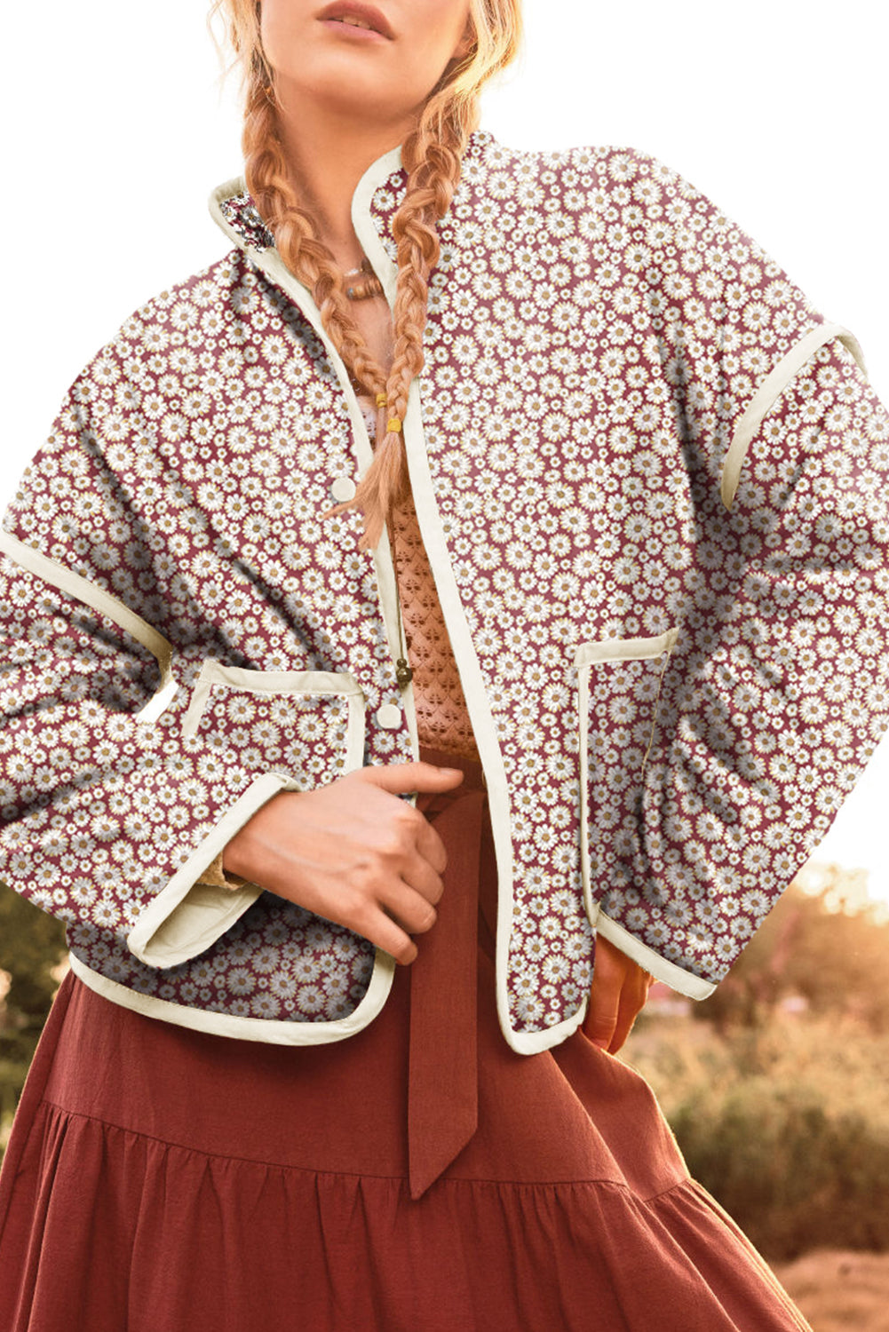 Pink Paisley Print Contrast Edge Pocketed Stand Neck Coat