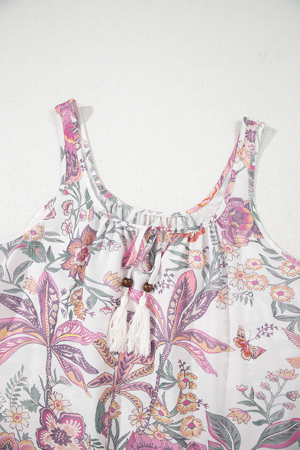 Multicolour Boho Floral Tassel Tie U Neck Mini Dress
