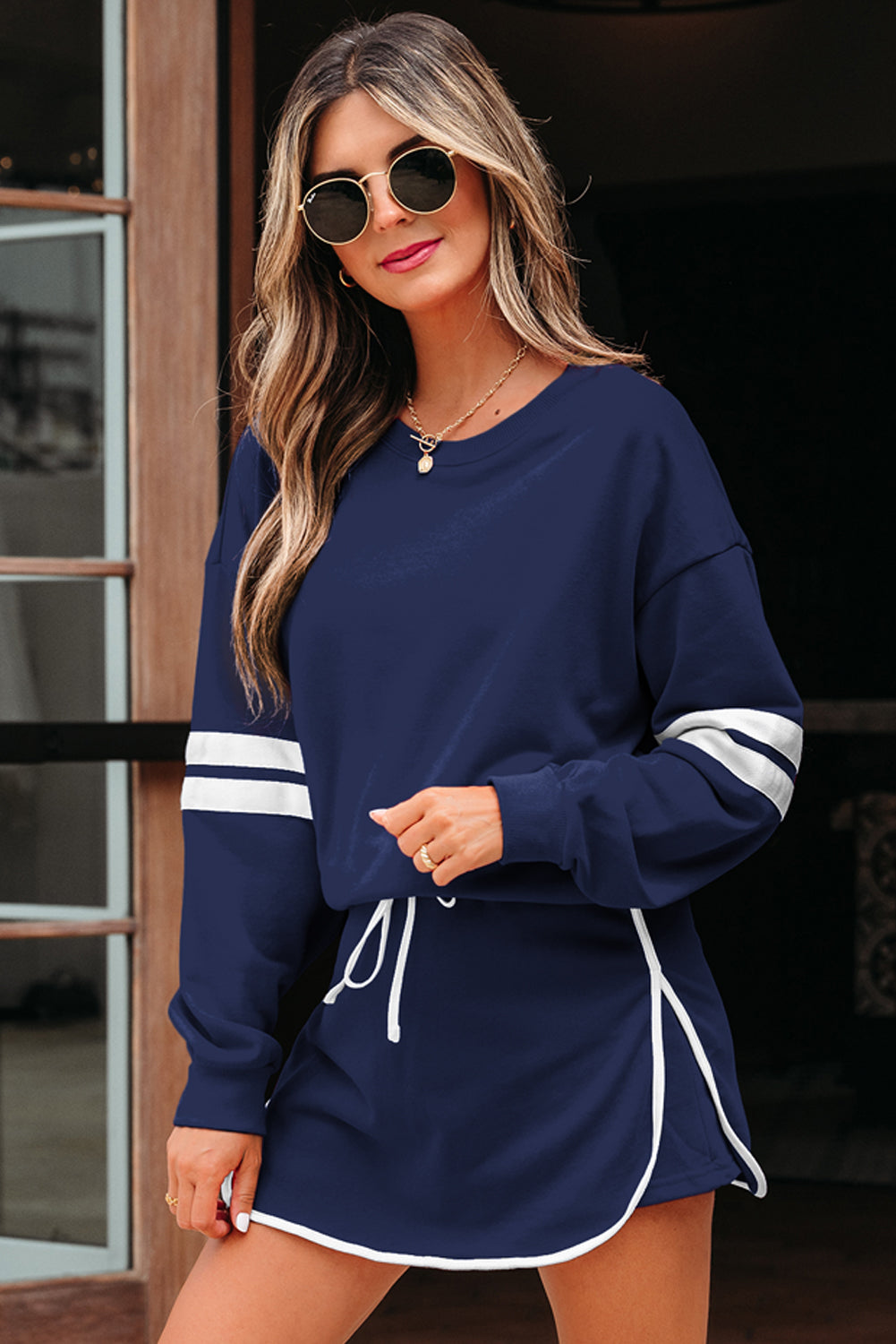 Navy Blue Varsity Stripe Detail Drop Shoulder Pullover Mini Skort Set