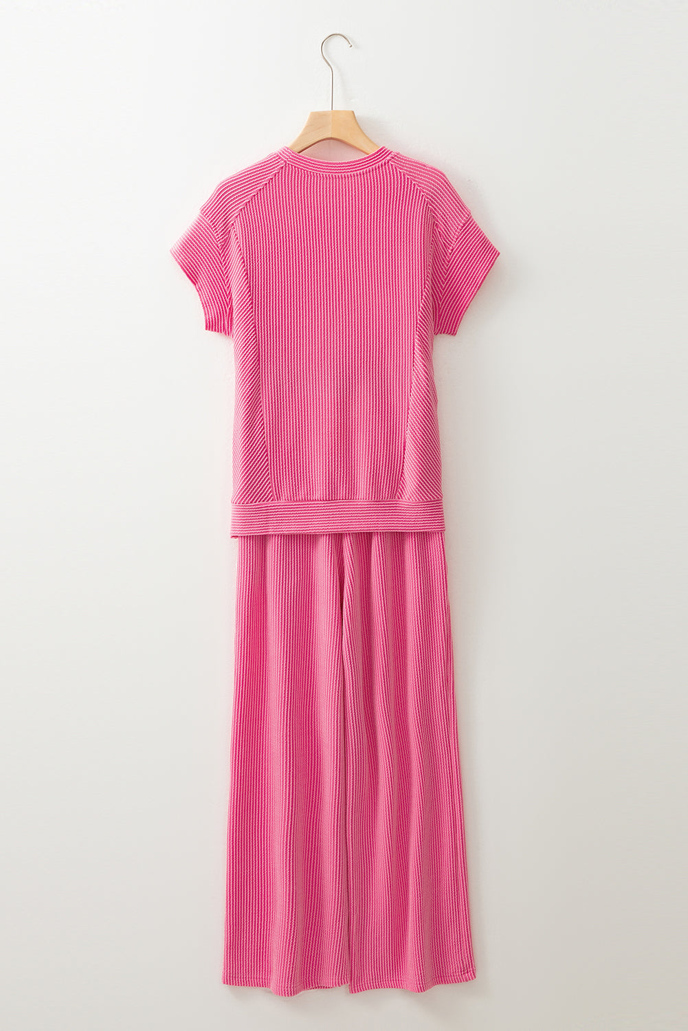 Bright Green Solid Corded T Shirt and Wide Leg Pants Set