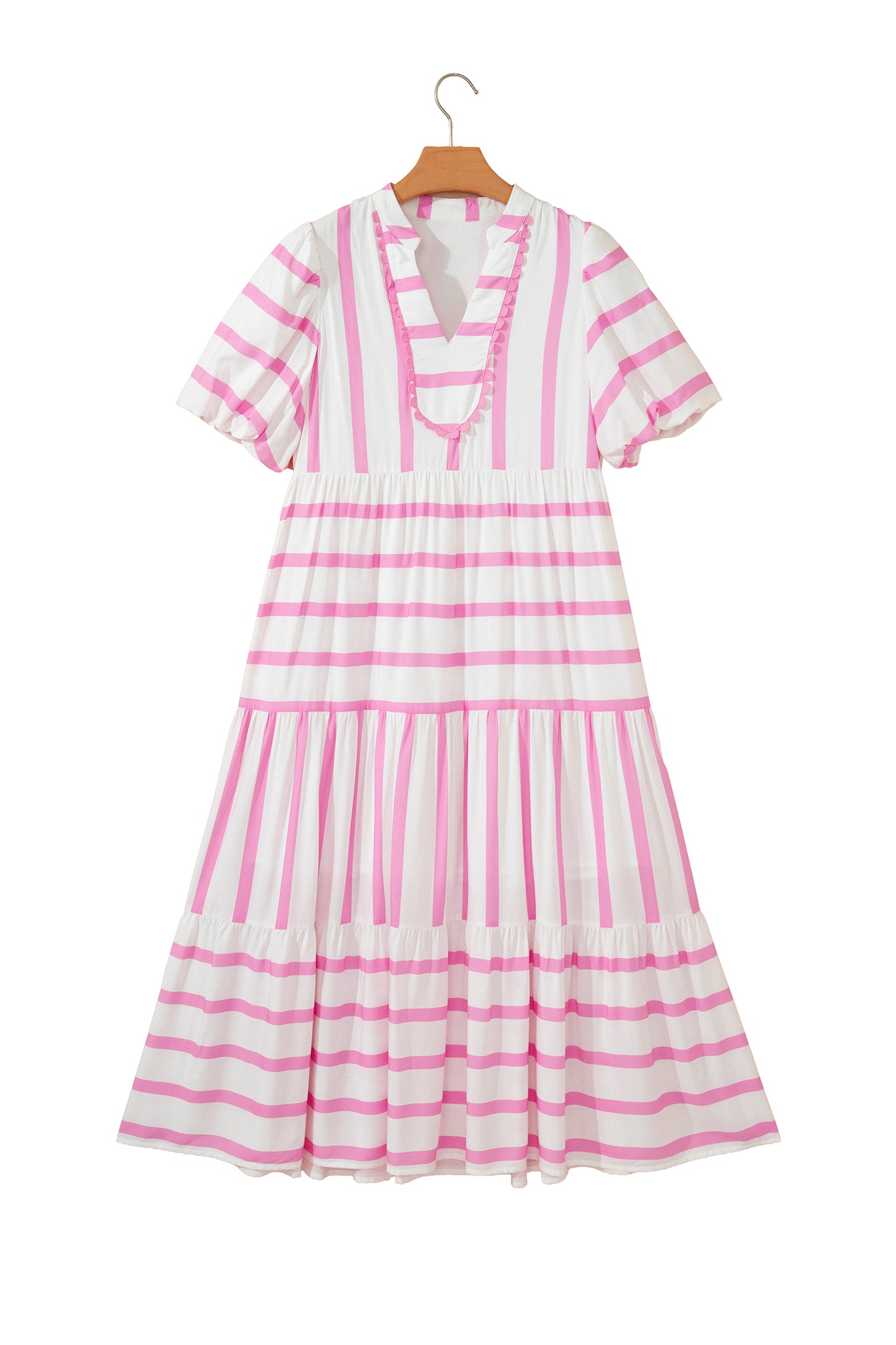Green Stripe Ricrac Trim Notched Neck Half Sleeve Vacation Dress