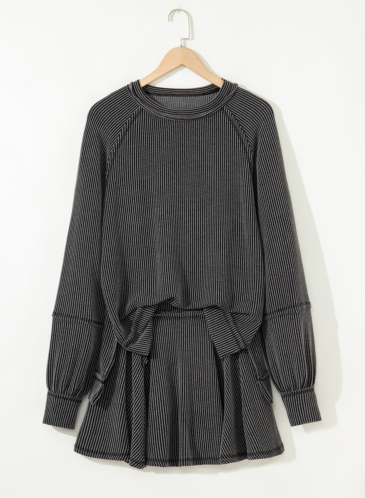 Dark Grey Corded Lantern Sleeve Top High Waist Ruffled Mini Skort Set