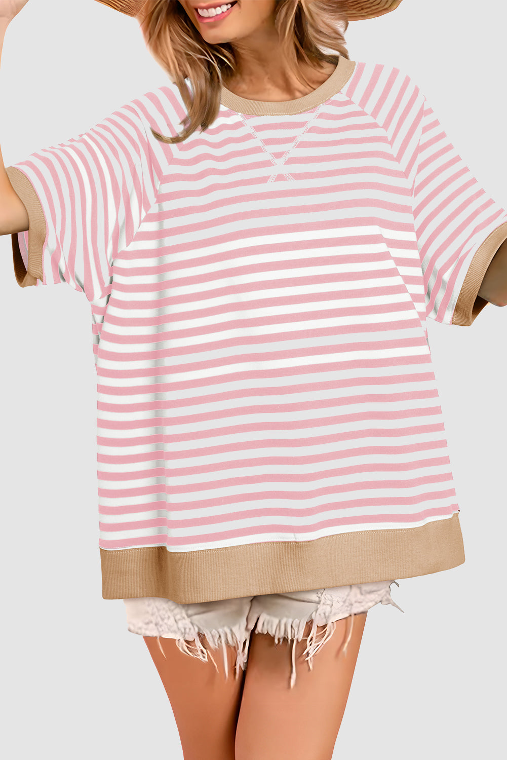 Apricot Stripe Contrast Ribbed Patchwork Oversize T Shirt