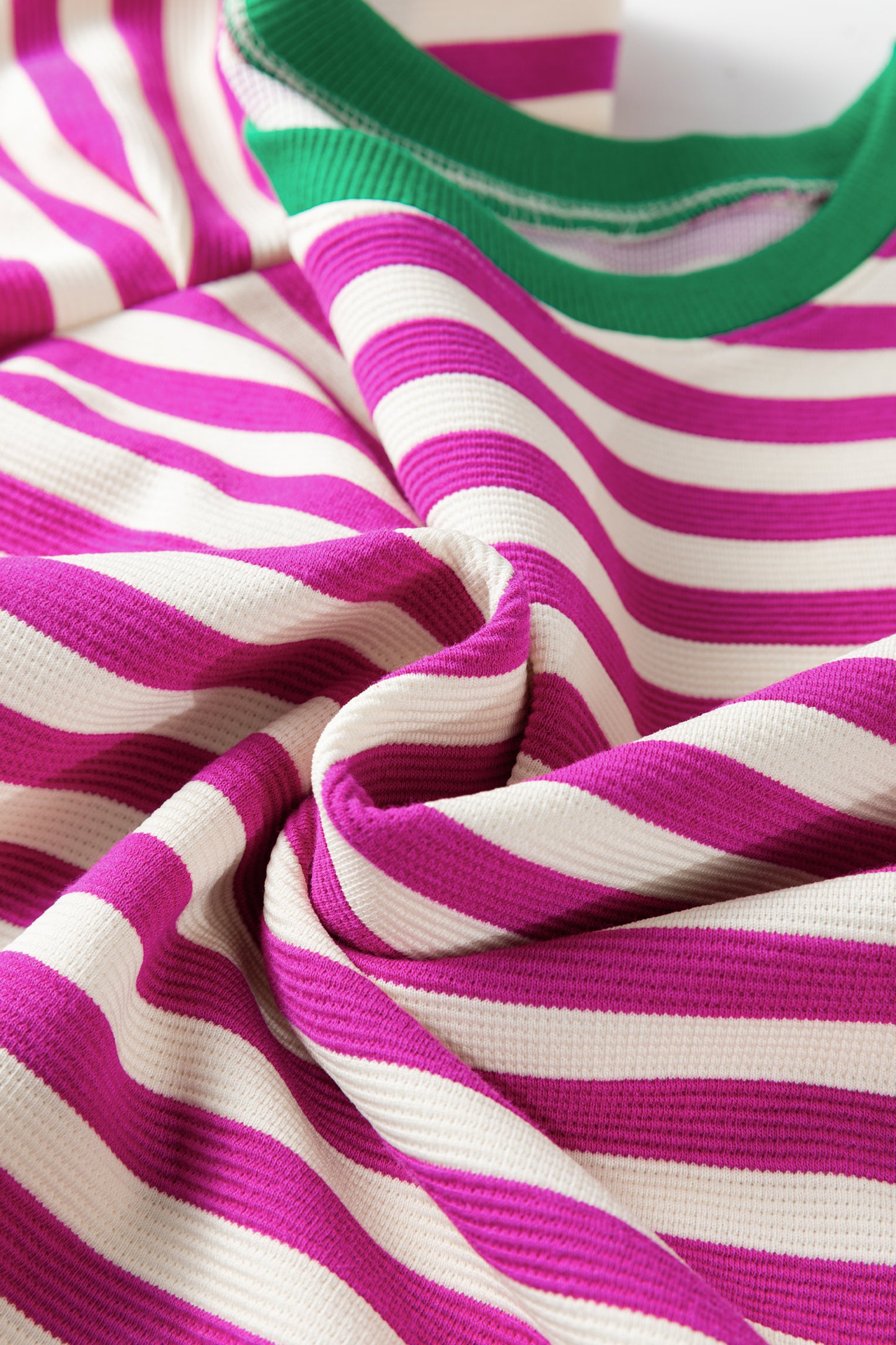 Rose Stripe Short Puff Sleeve Contrast Trim Round Neck Tee