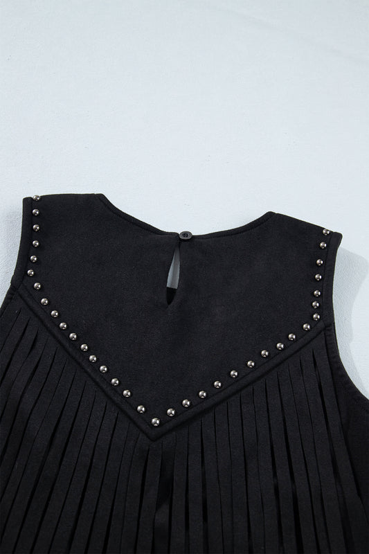 Black Western Fringe Rivet Paneling Bust Sleeveless Top