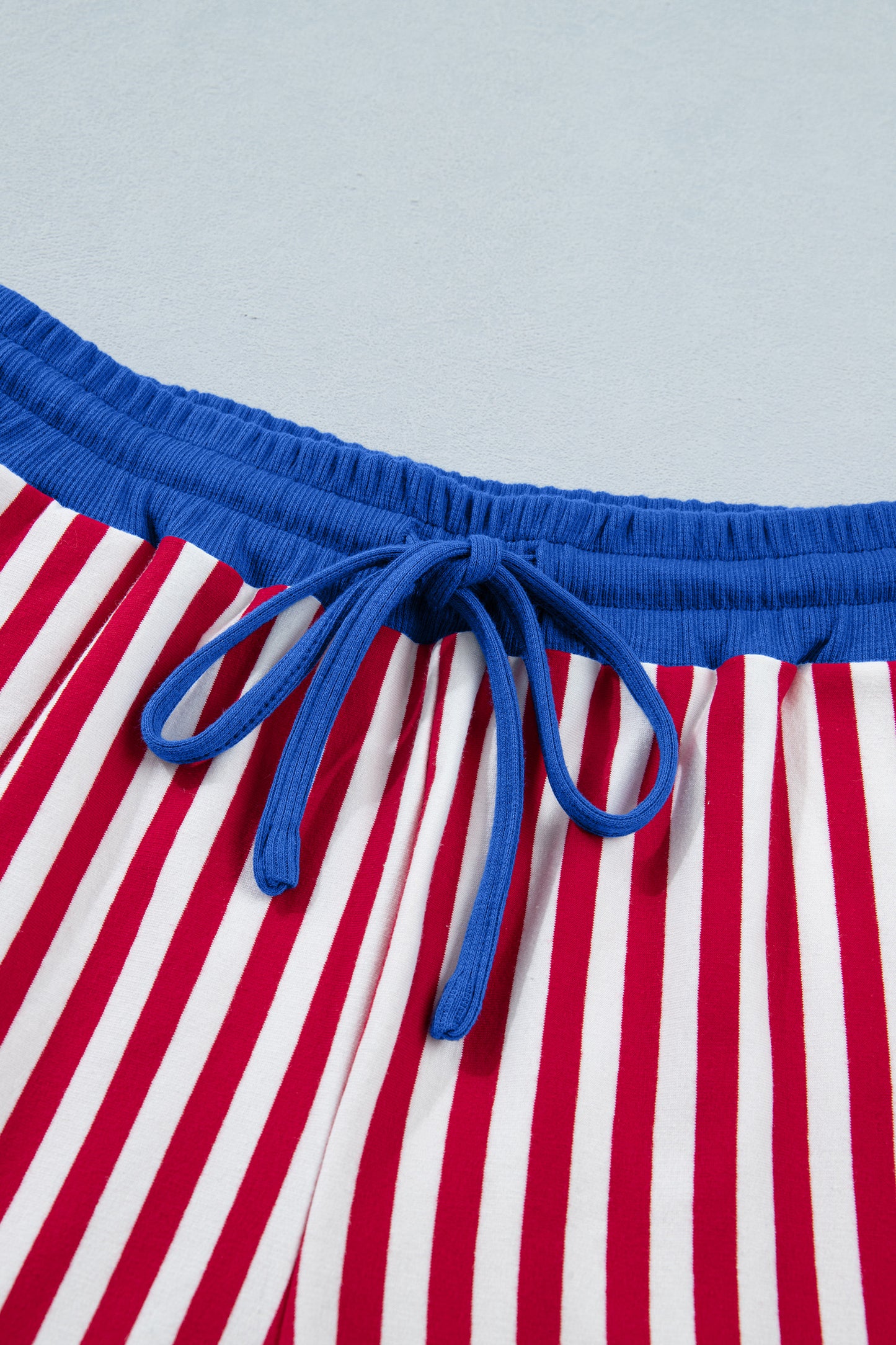 Yellow Stripe Colorblock Trim V Neck Tee Drawstring Elastic Waist Short Set