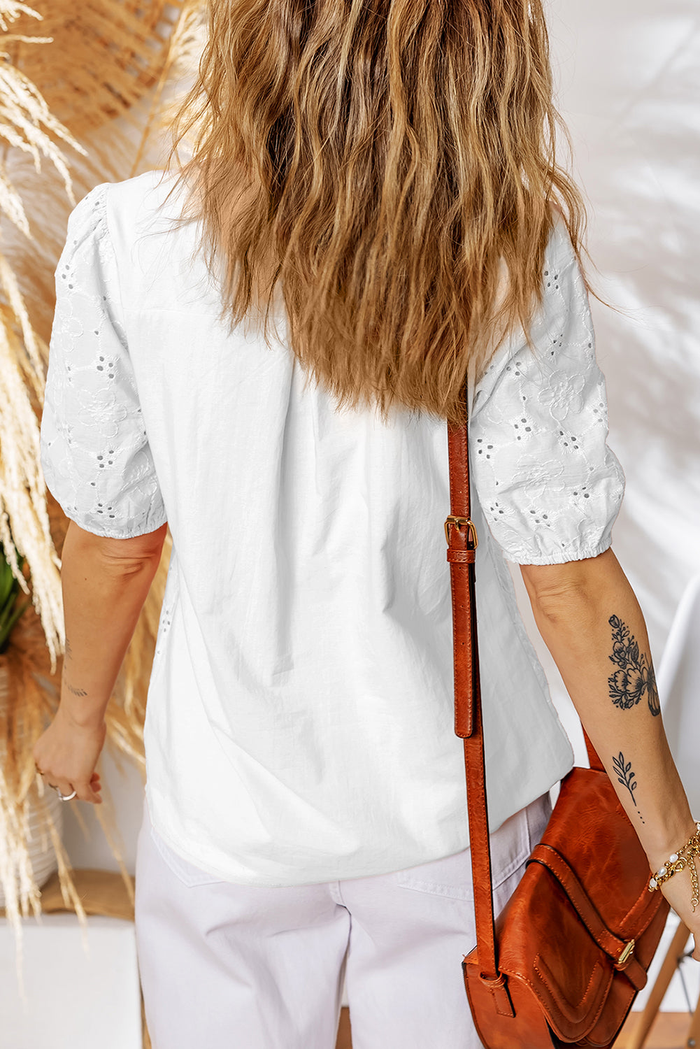 White Lace Crochet V Neck Half Sleeve Embroidery Button Down Blouses Casual Shirts