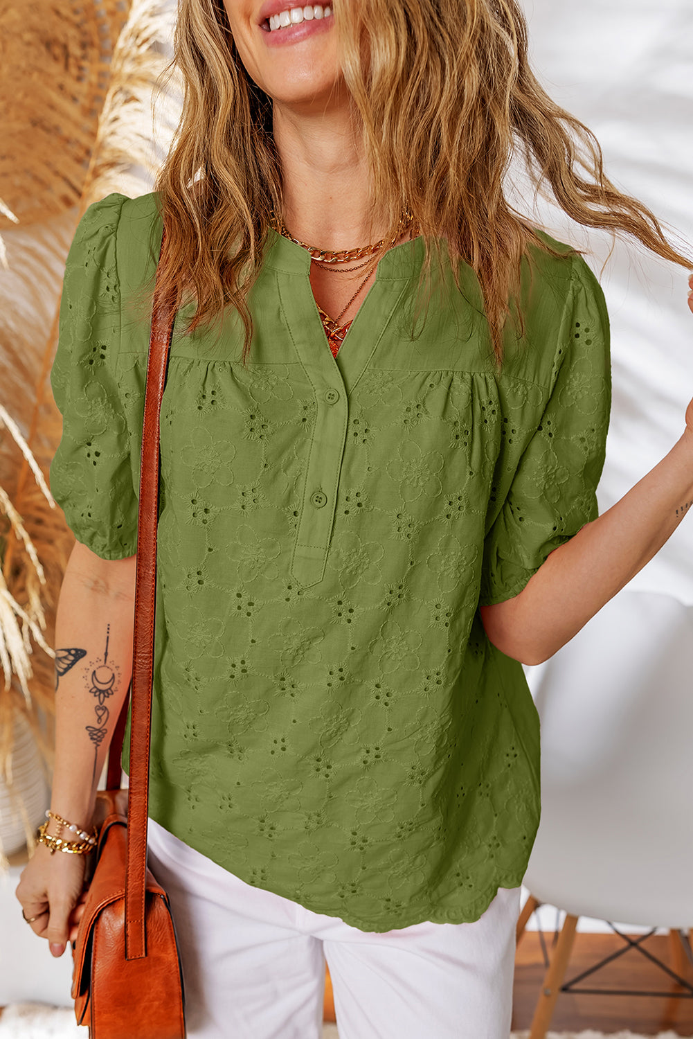 White Lace Crochet V Neck Half Sleeve Embroidery Button Down Blouses Casual Shirts