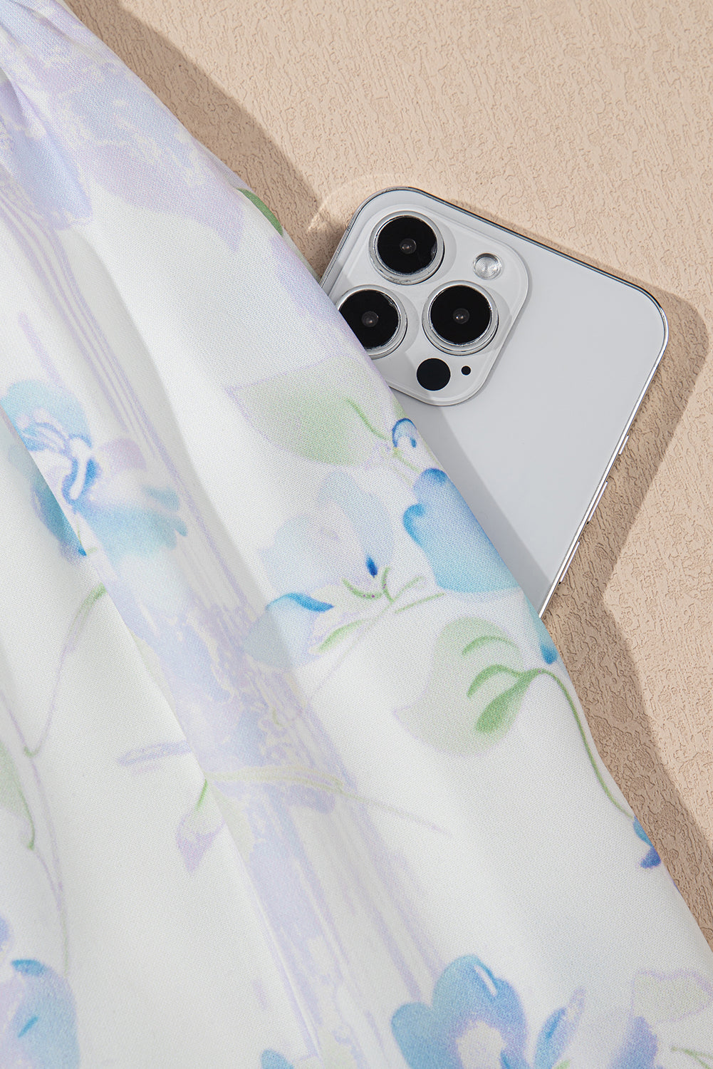 Sky Blue Floral Smocked High Waist Ruffle Sleeveless Long Dress