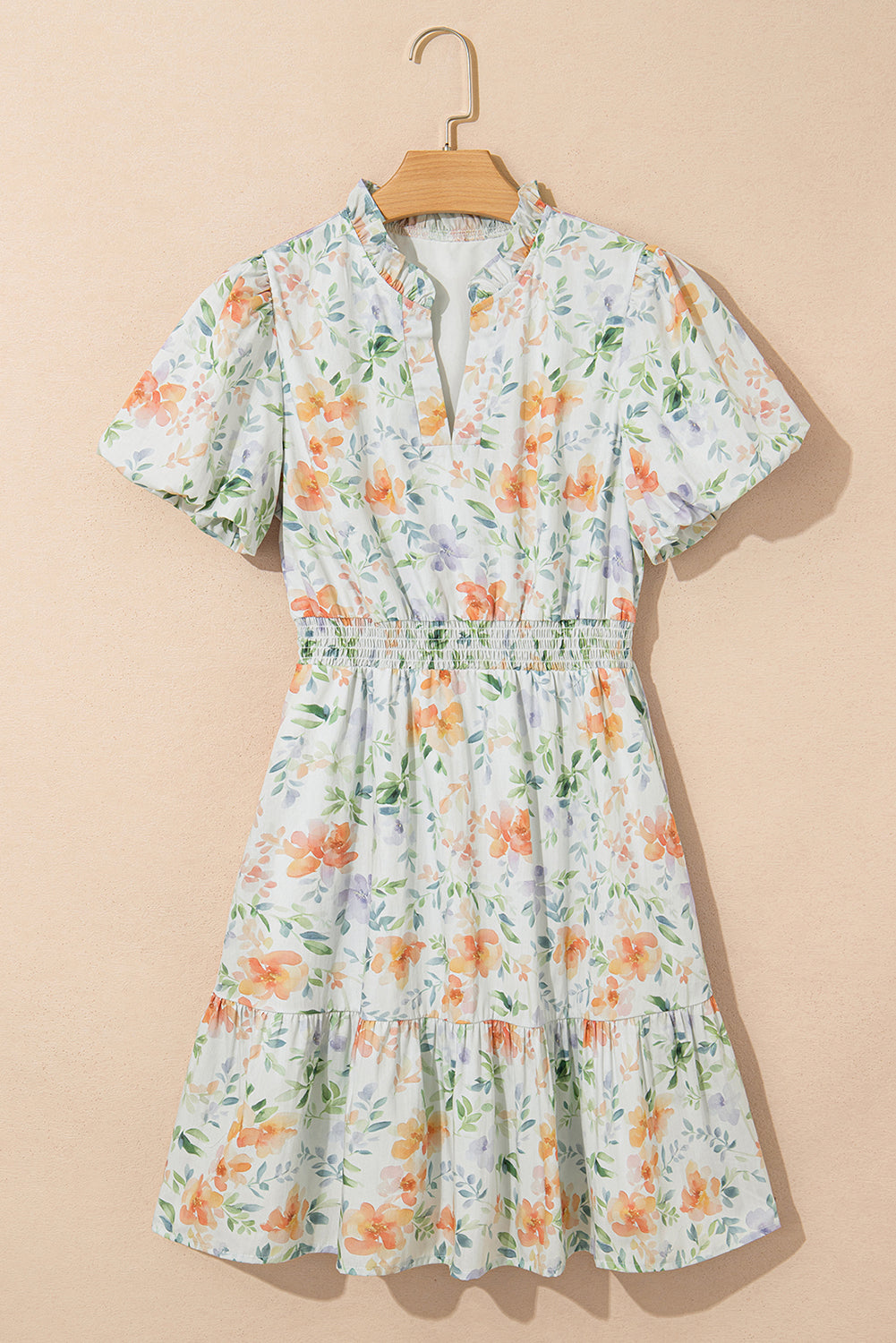 Beige Floral Print Smocked High Waist Puff Sleeve Mini Dress