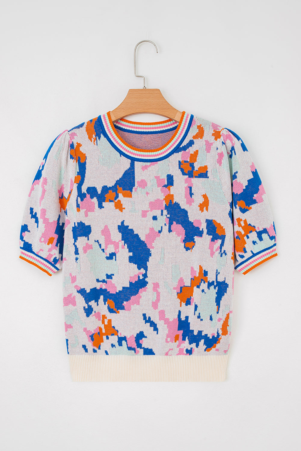 Apricot Abstract Pattern Contrast Striped Trim Short Sleeve Sweater