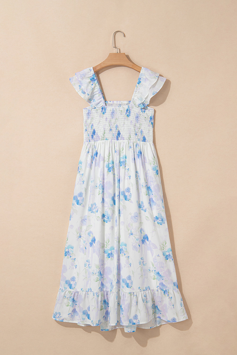 Sky Blue Floral Smocked High Waist Ruffle Sleeveless Long Dress