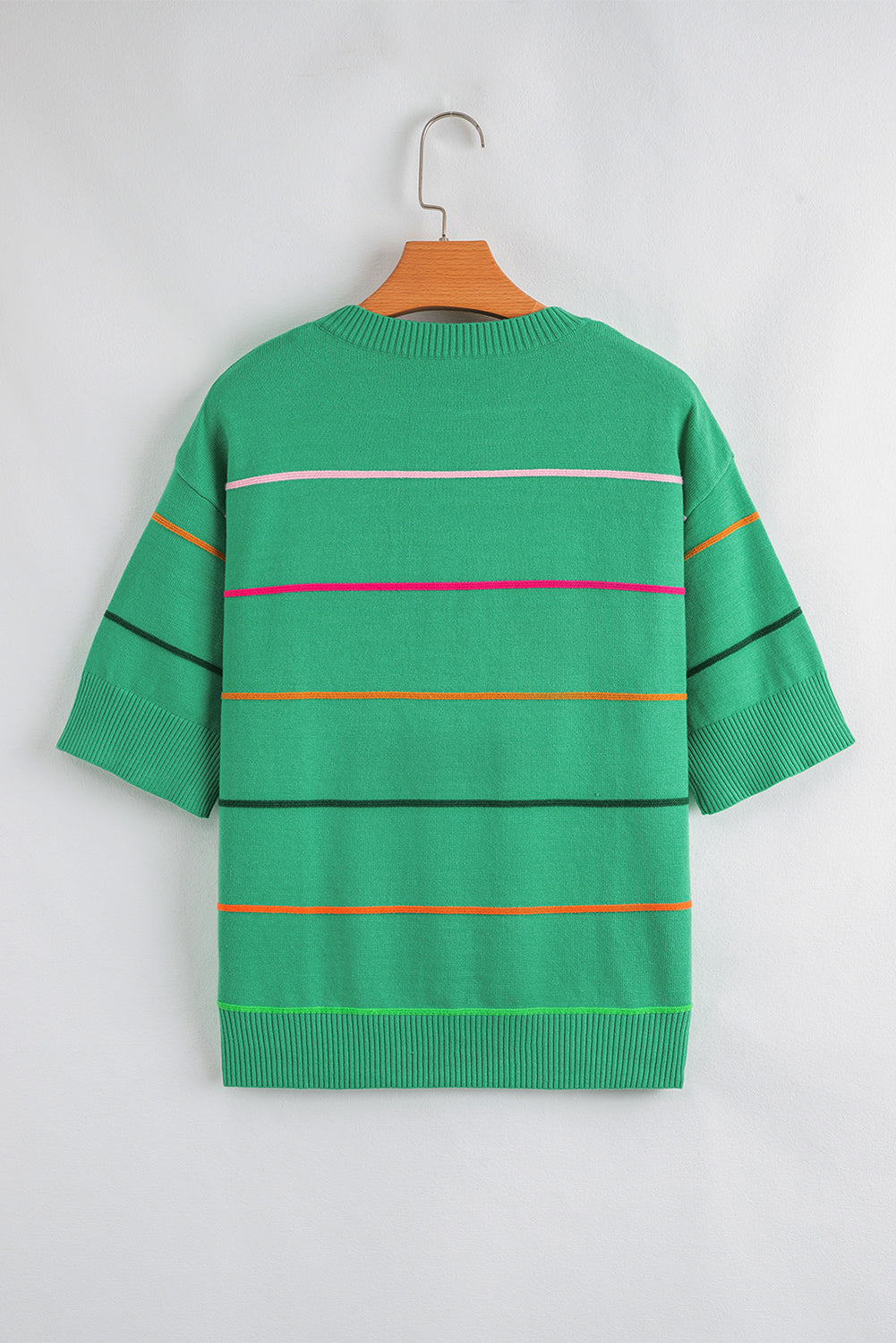 Green Colorblock Striped Half Sleeve Drop Shoulder Sweater