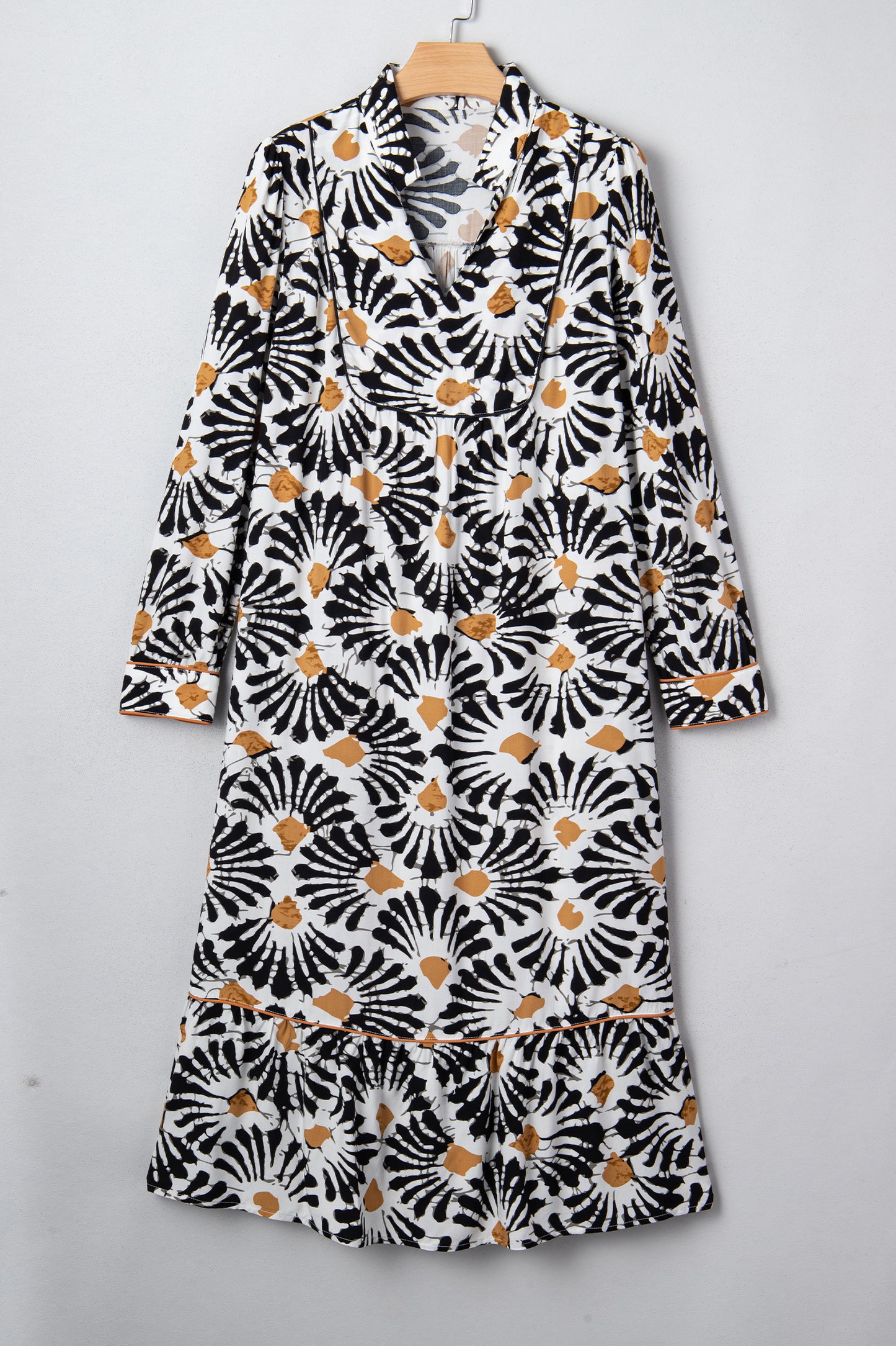 Black Abstract Floral Print Split V Neck Long Dress with Sleeves