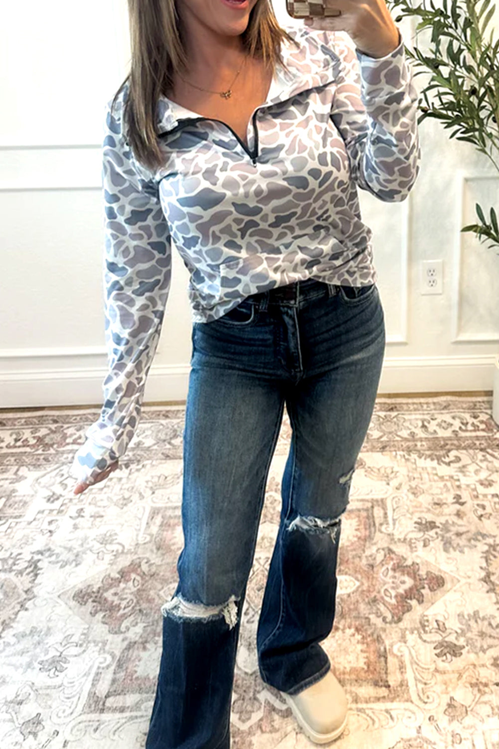 Multicolour Camo V Neck Long Sleeve Pullover Sweatshirt