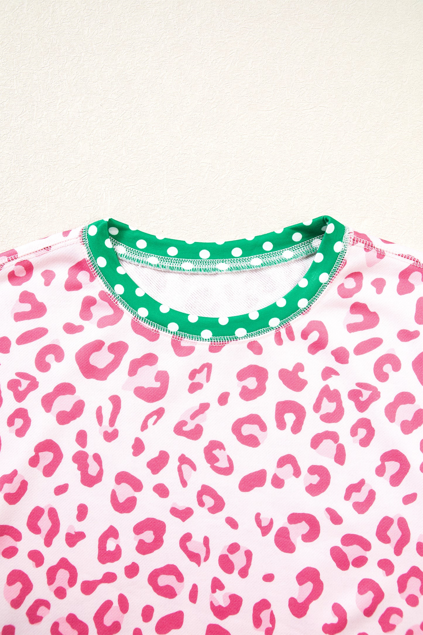 Khaki Leopard Polka Dot Colorblock Trim Long Sleeve Top