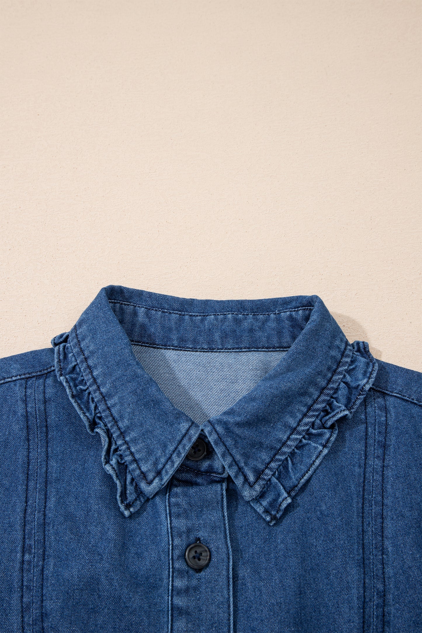 Beau Blue Ruffled Edge Collared Shift Denim Dress with Pockets
