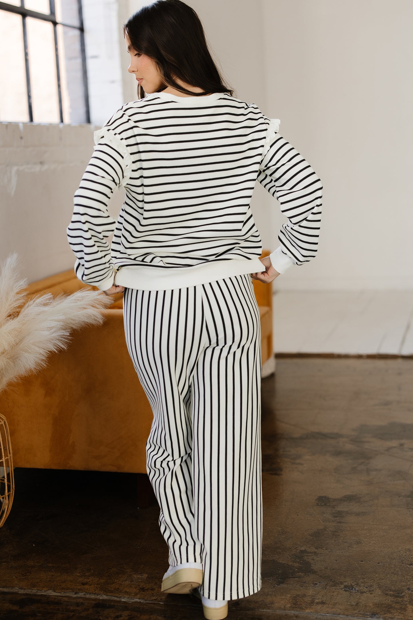 White Stripe Ruffle Trim Drop Shoulder Top Drawstring Loose Pant Set