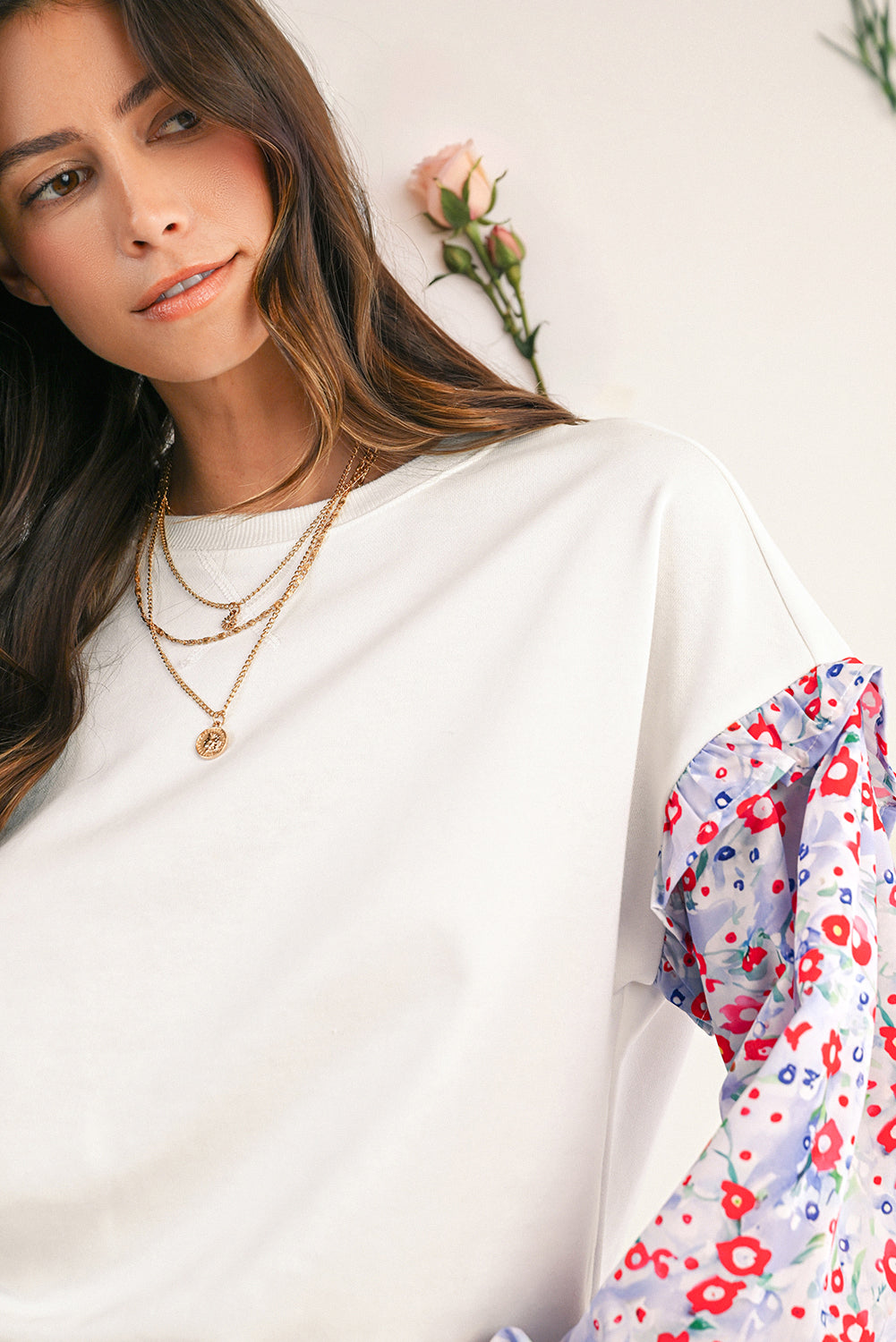 White Floral Ruffle Balloon Sleeve Patchwork Loose Blouse