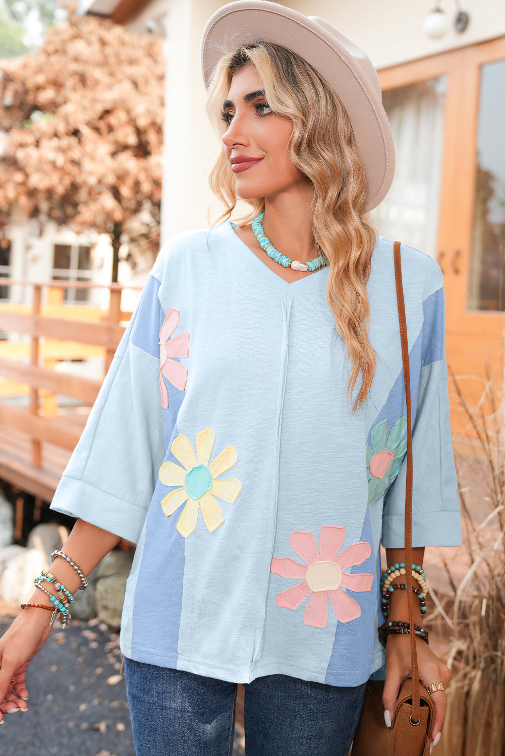 Light Blue Flower Patched Exposed Seam 3/4 Sleeve top