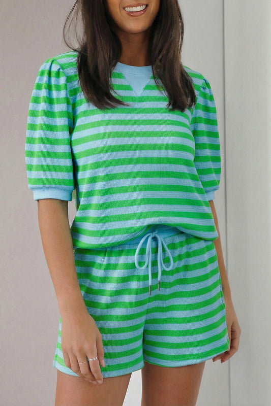 Green Stripe Puff Short Sleeve T Shirt Matching Shorts Set