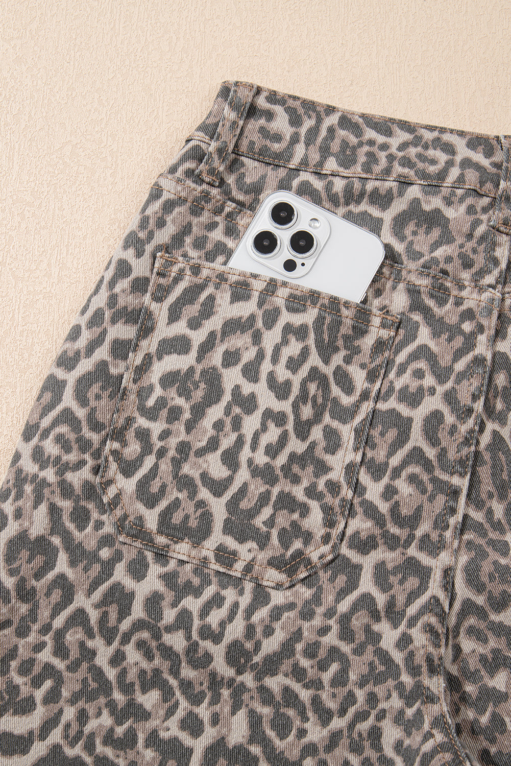 Gray Leopard Frayed Edge Wide Leg High Waist Jeans