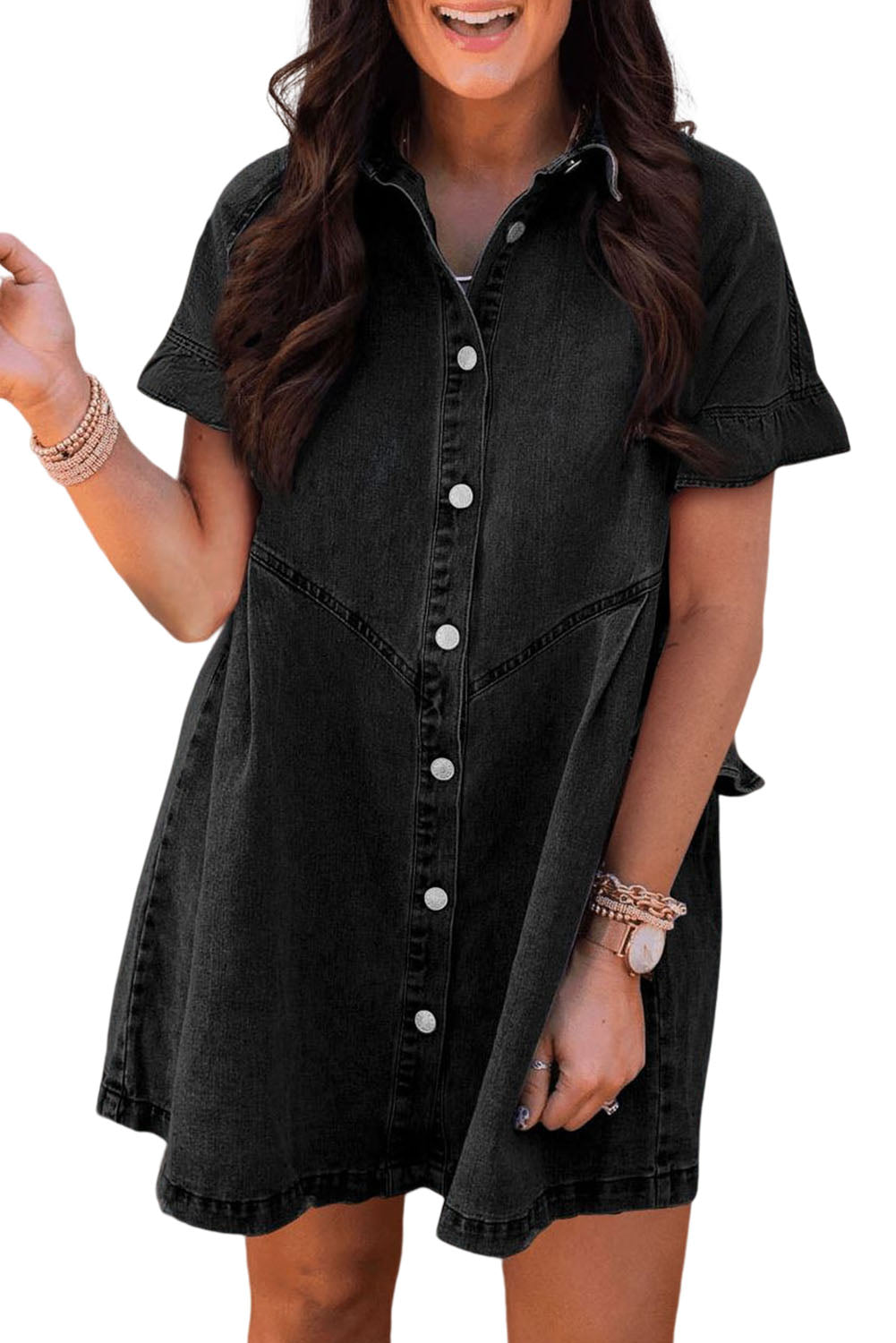 Dark Blue Short Sleeve Button Up Loose Denim Shirt Dress