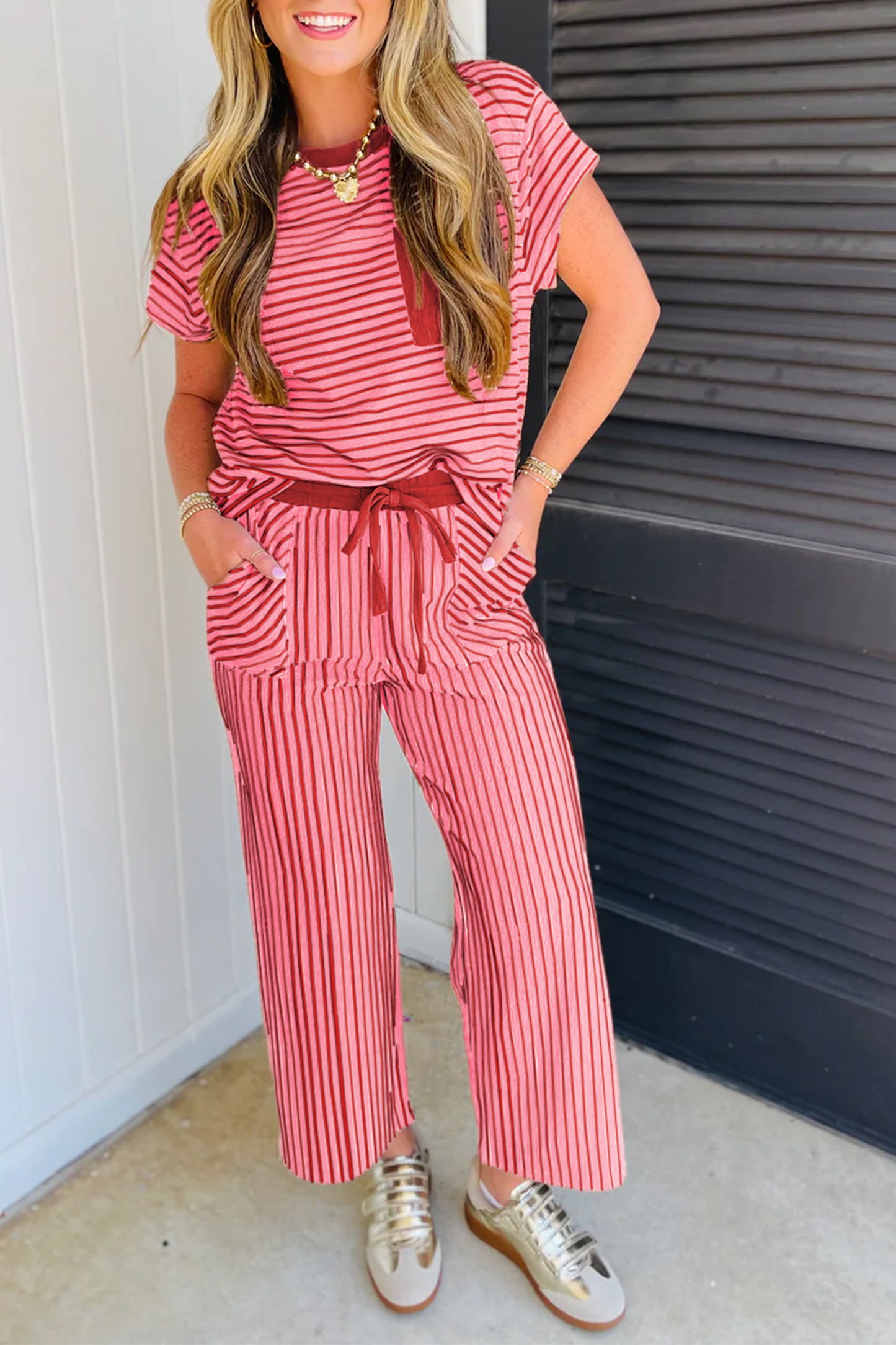 Sky Blue Stripe Crew Neck Tee Drawstring Waist Cropped Pants Set