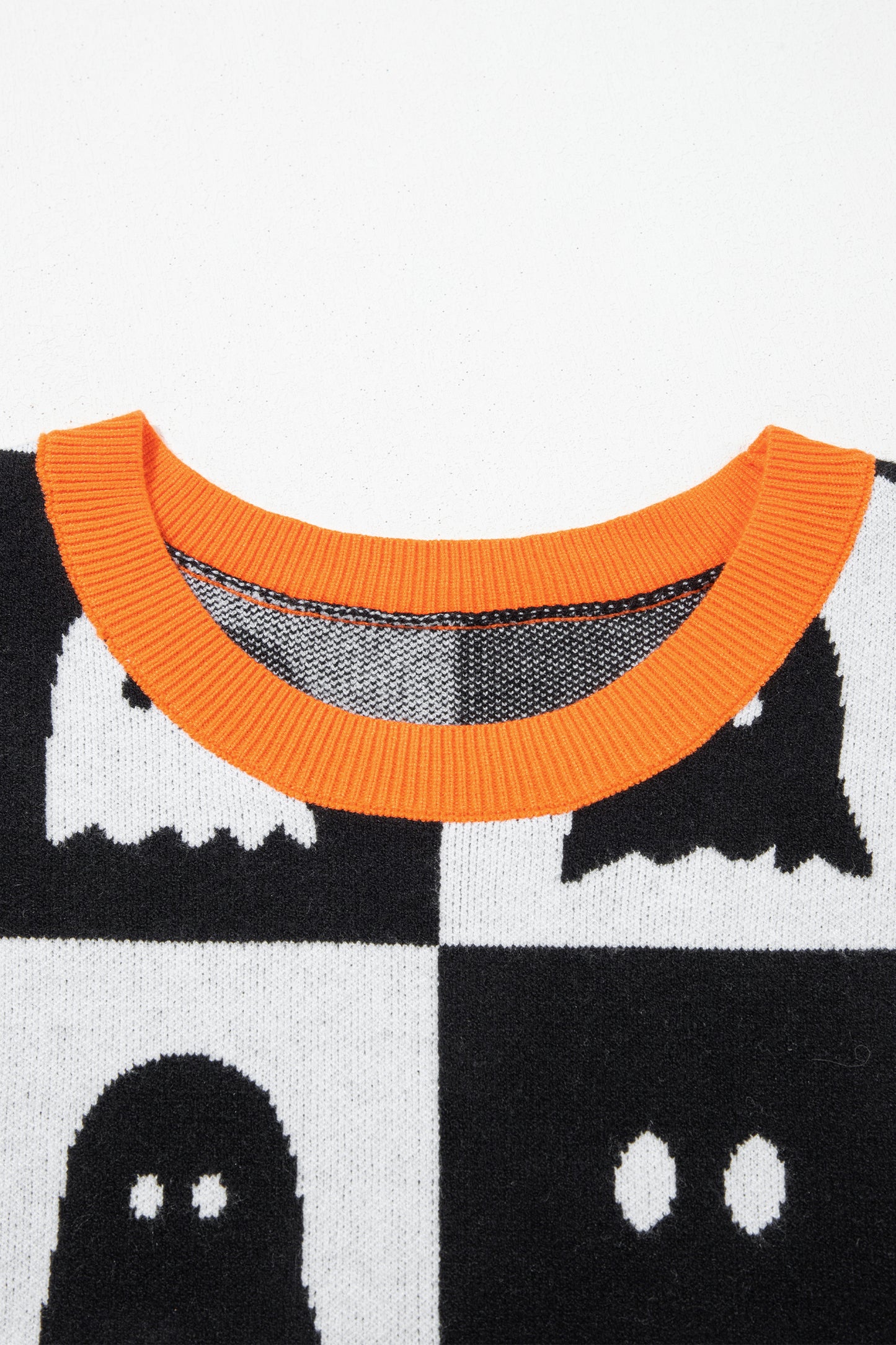White Geometric Ghost Color Block Trim Short Sleeve Knit Sweater