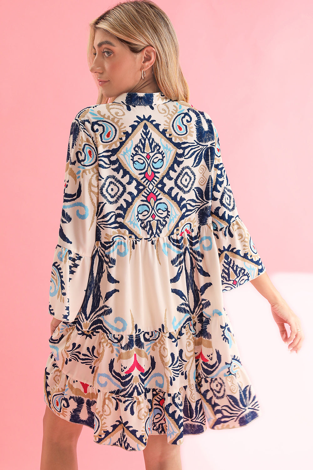 Sky Blue Ethnic Print Boho Tiered Mini Dress