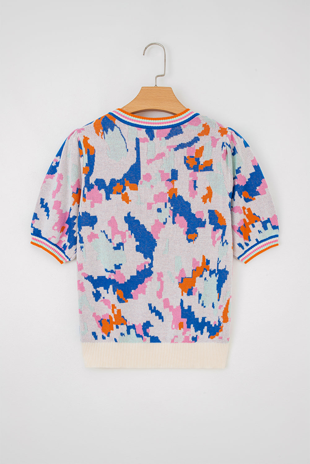 Apricot Abstract Pattern Contrast Striped Trim Short Sleeve Sweater