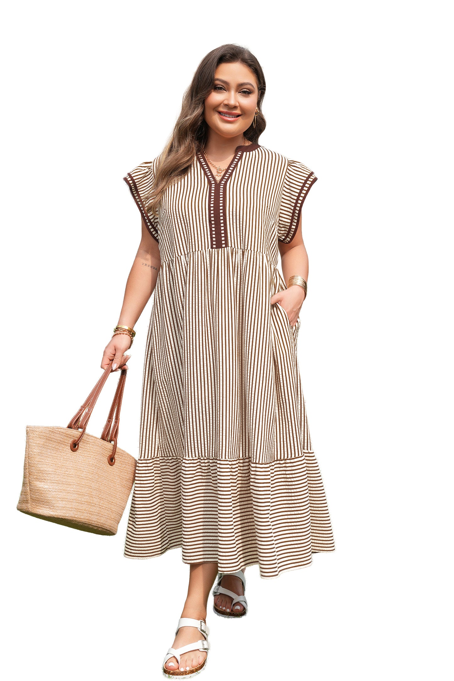 Black Stripe Plus Size Slit V Neck Tiered Flutter Sleeve Maxi Dress