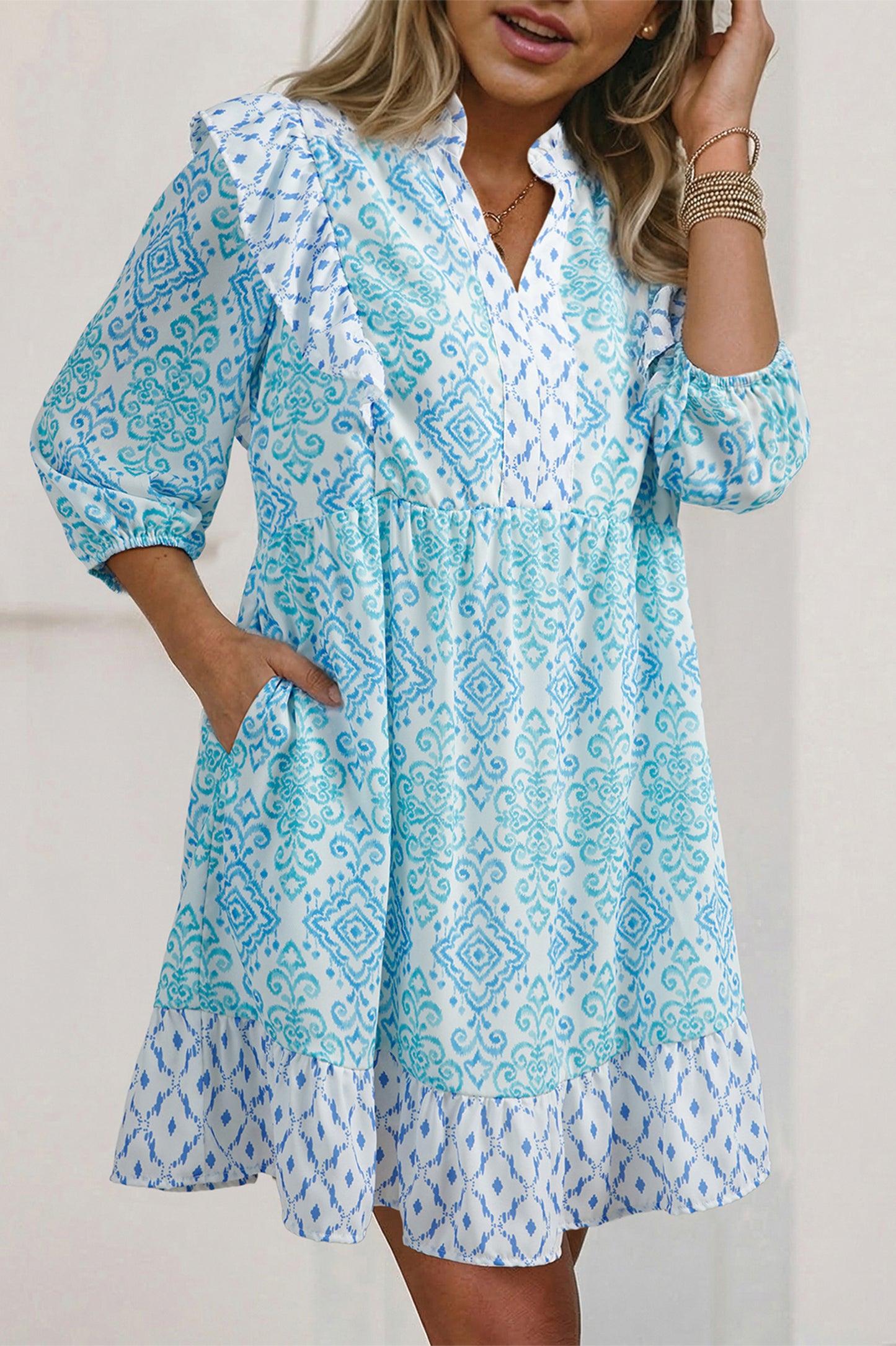 Sky Blue Boho Floral Geometric Patchwork Ruffle Detail Puff Sleeve Mini Dress