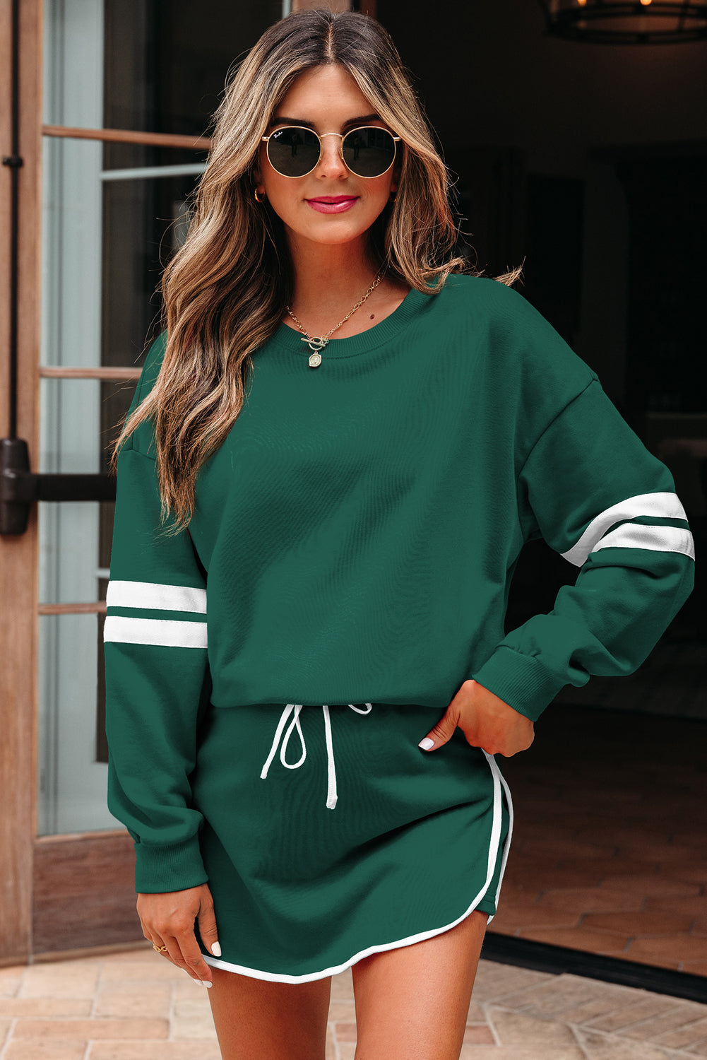 Evergreen Varsity Stripe Detail Drop Shoulder Pullover Mini Skort Set