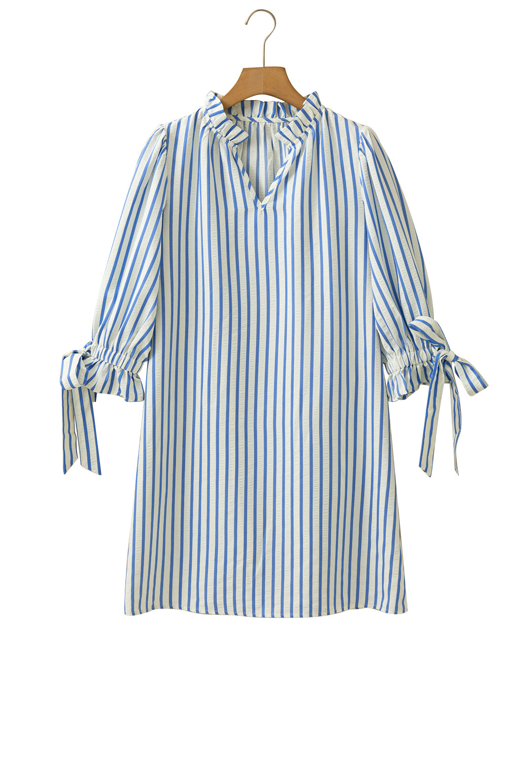 Sky Blue Striped Notched Neck Knot Cuffs Mini Dress