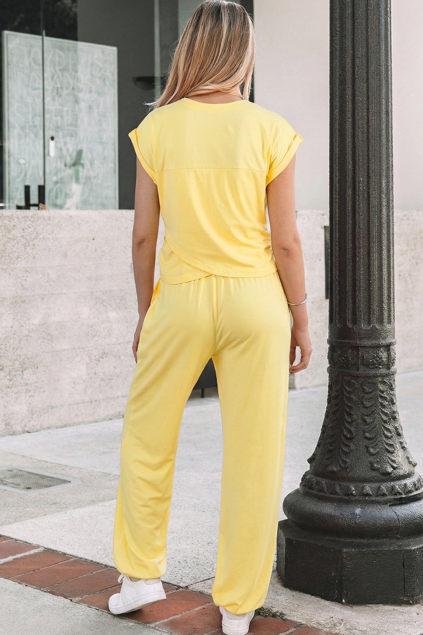 Yellow Cream Solid Color Cropped Tank Top and Jogger Pants Set