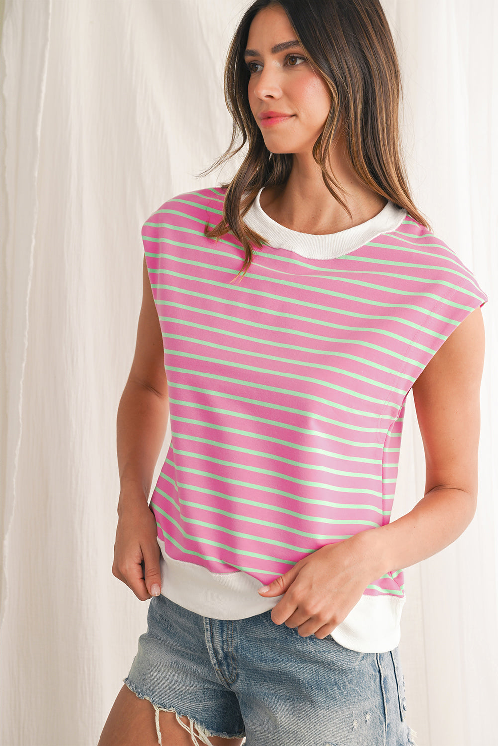 Sachet Pink Striped Contrast Trim Top