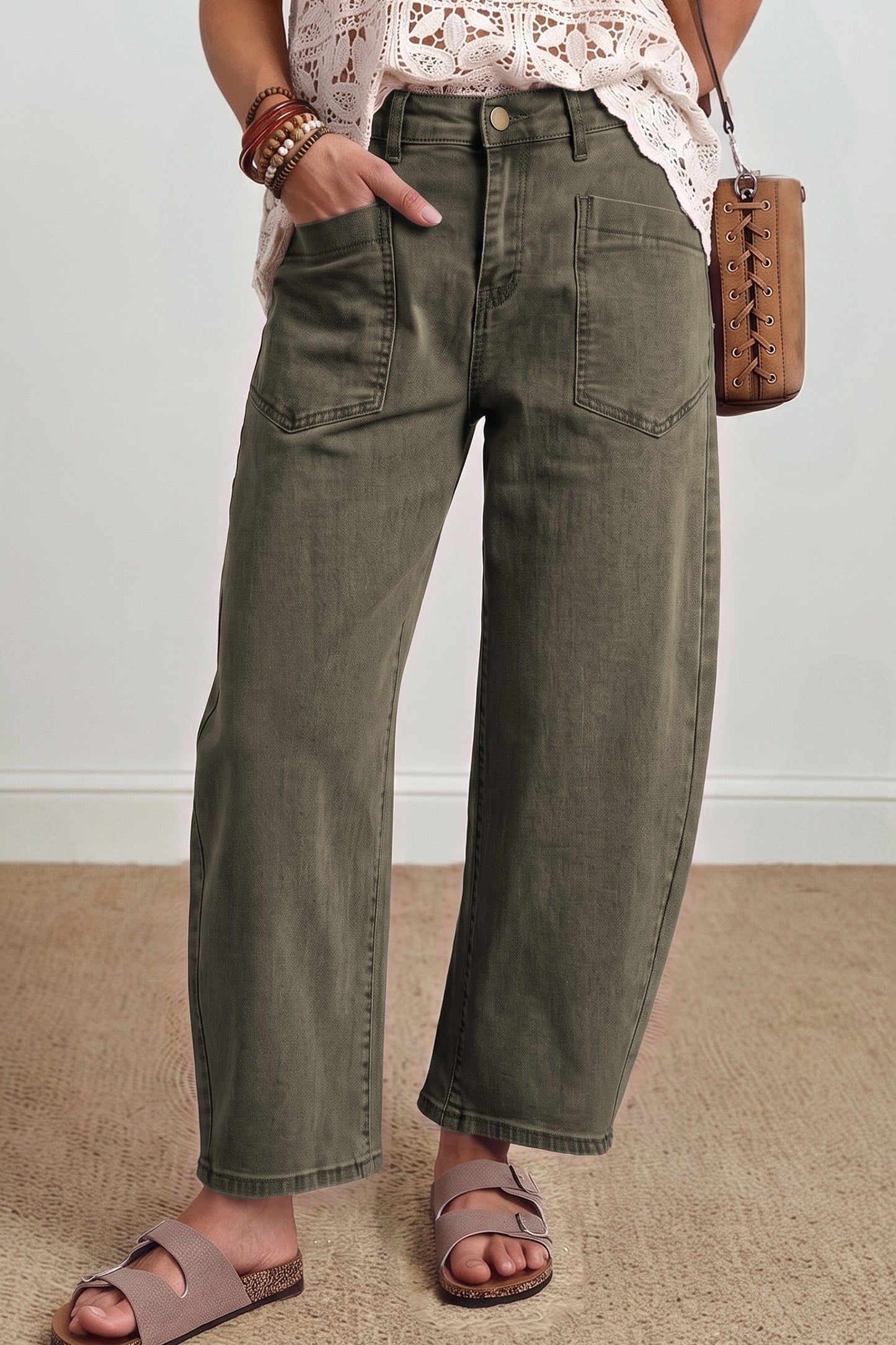 Coffee Solid Color Square Patch Pocket Ankle-length Barrel Jeans