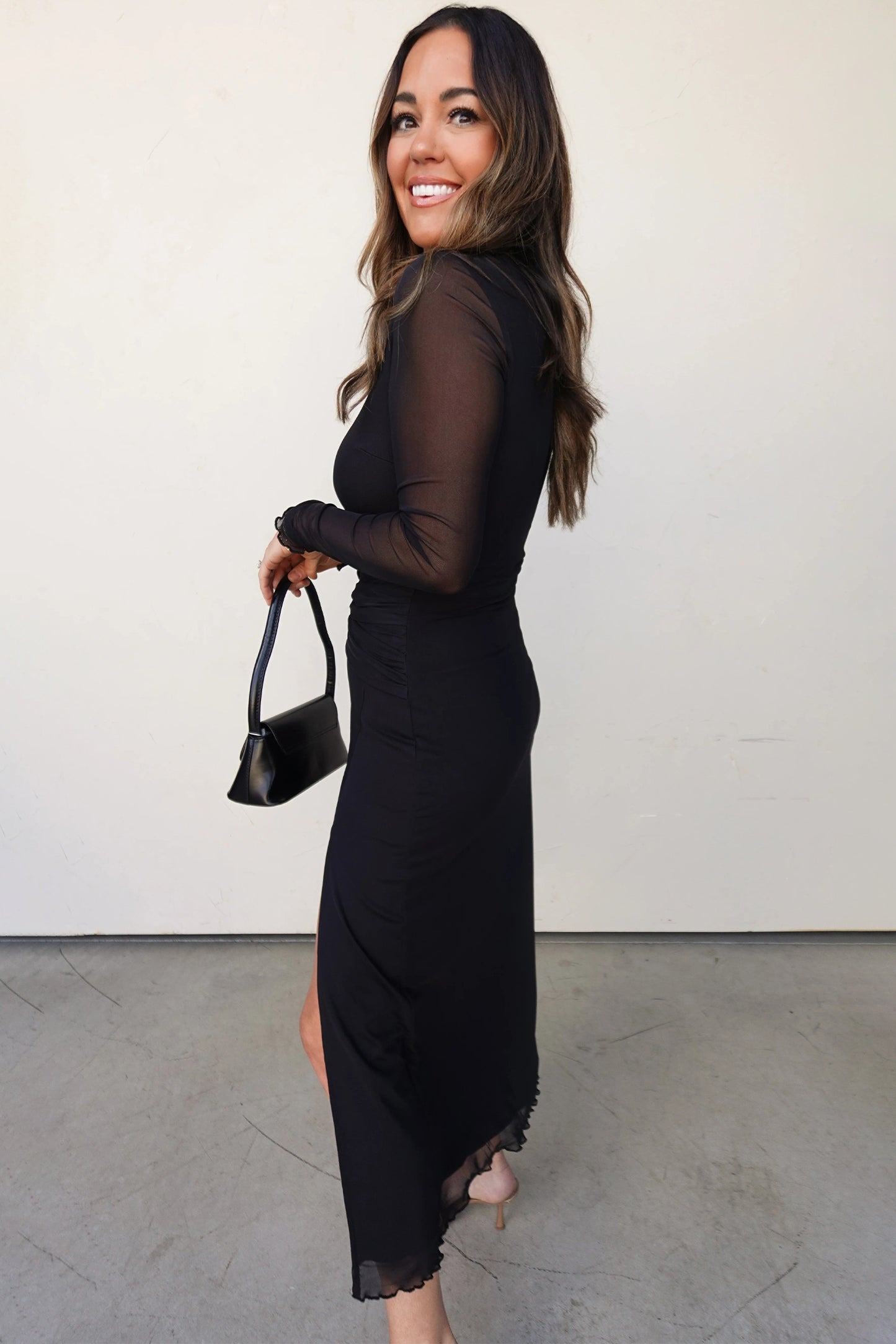 Black Sheer Mesh Long Sleeve Twisted Knot Side Slit Midi Dress