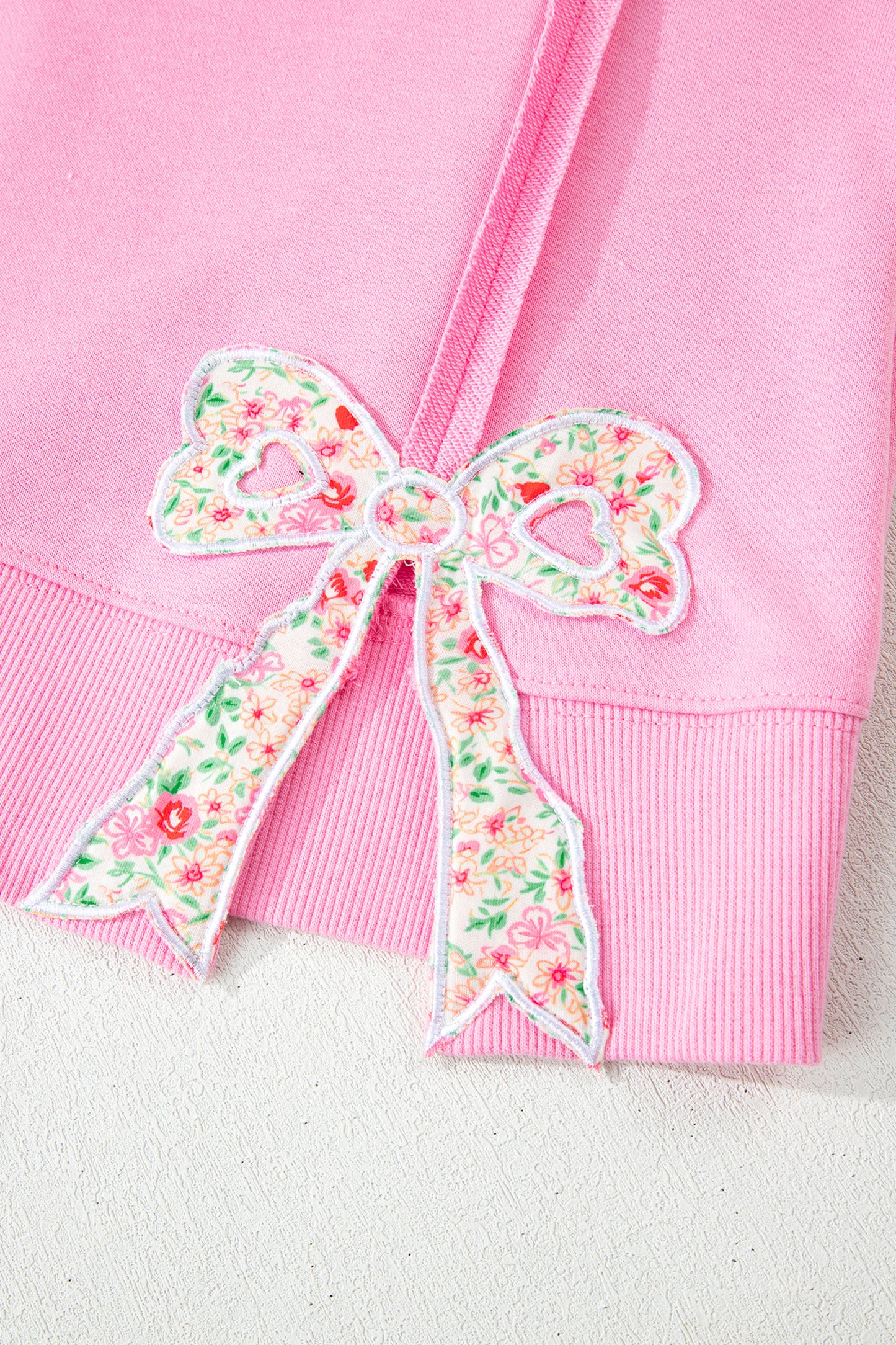 Pink Floral Bow Patched Exposed Seam Patchwork Slit Baggy Sweatshirt