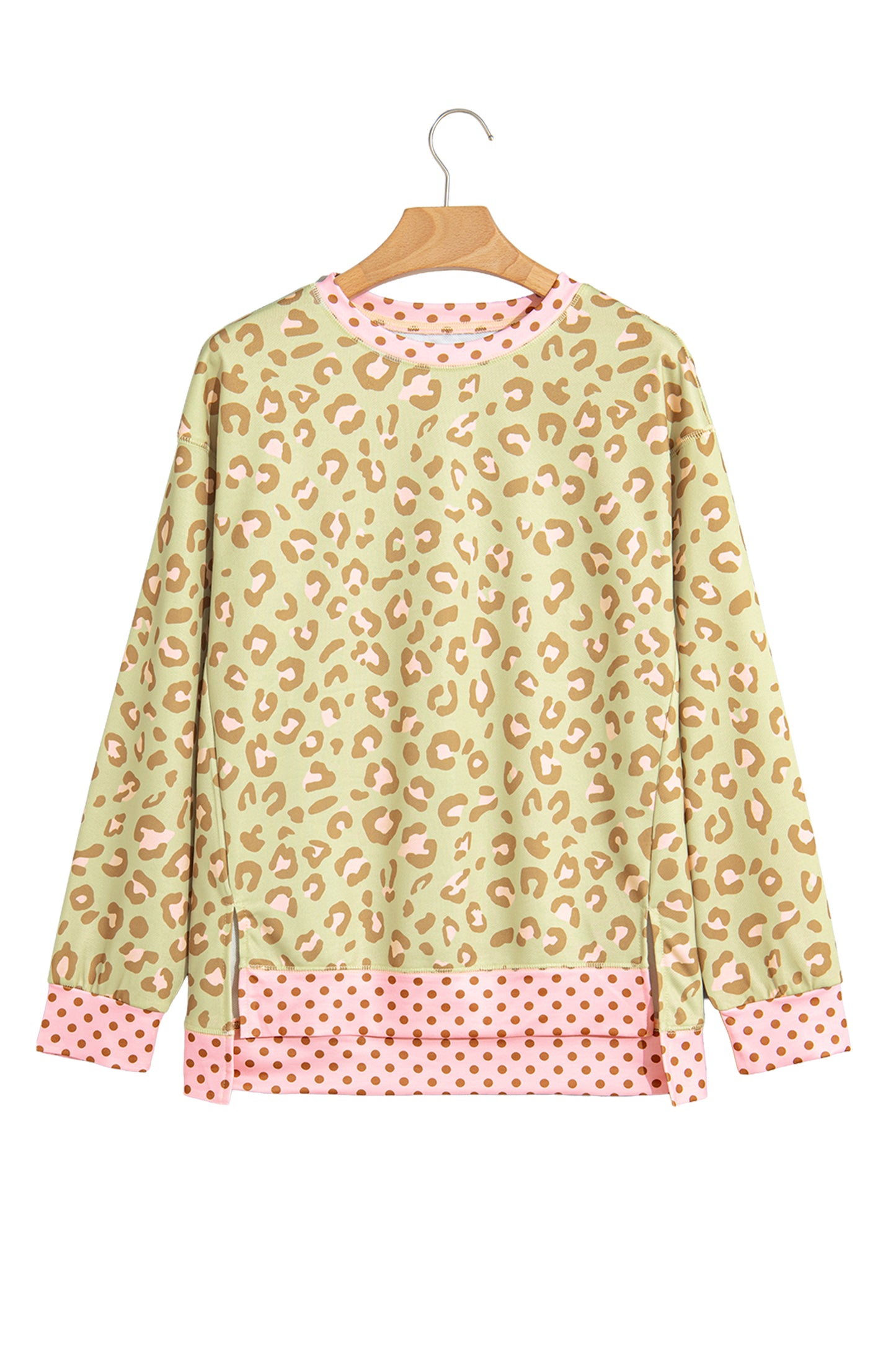 Khaki Leopard Polka Dot Colorblock Trim Long Sleeve Top