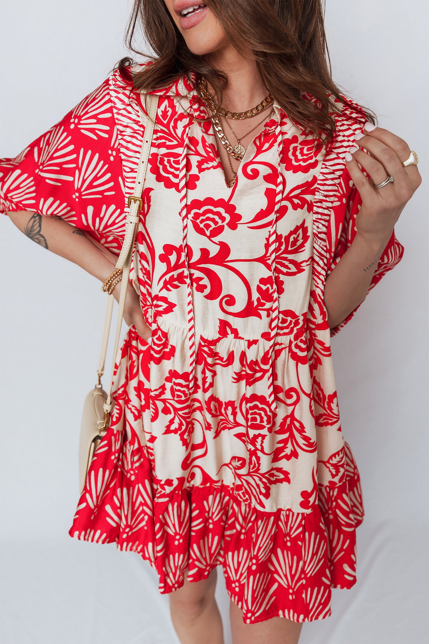 Red Collared V Neck Half Sleeve Loose Flower Mini Dress