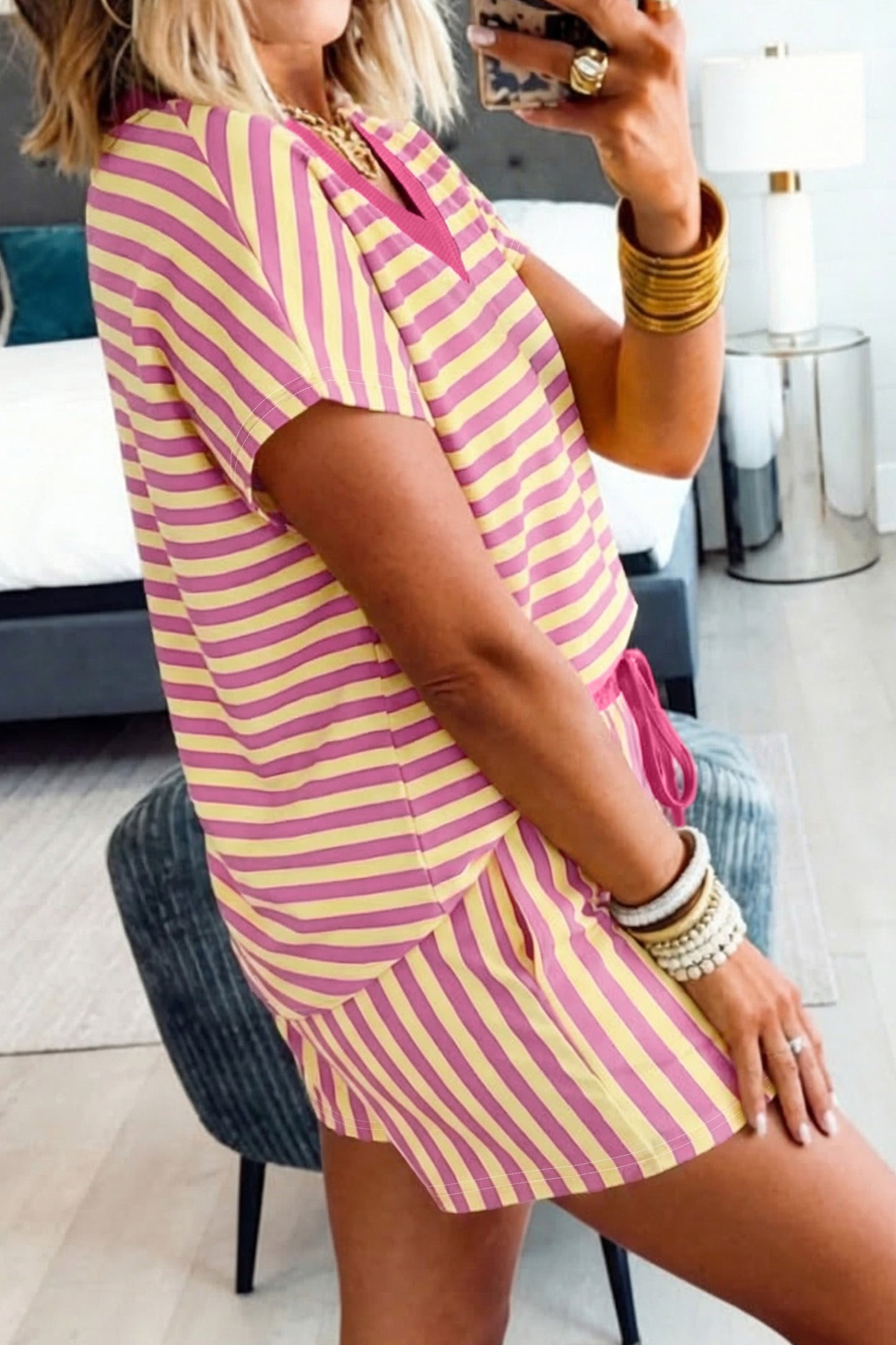 Yellow Stripe Colorblock Trim V Neck Tee Drawstring Elastic Waist Short Set