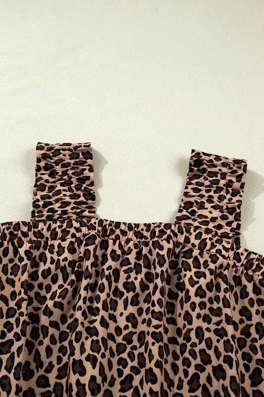 Brown Leopard Print Frilled Square Neck Tank Top